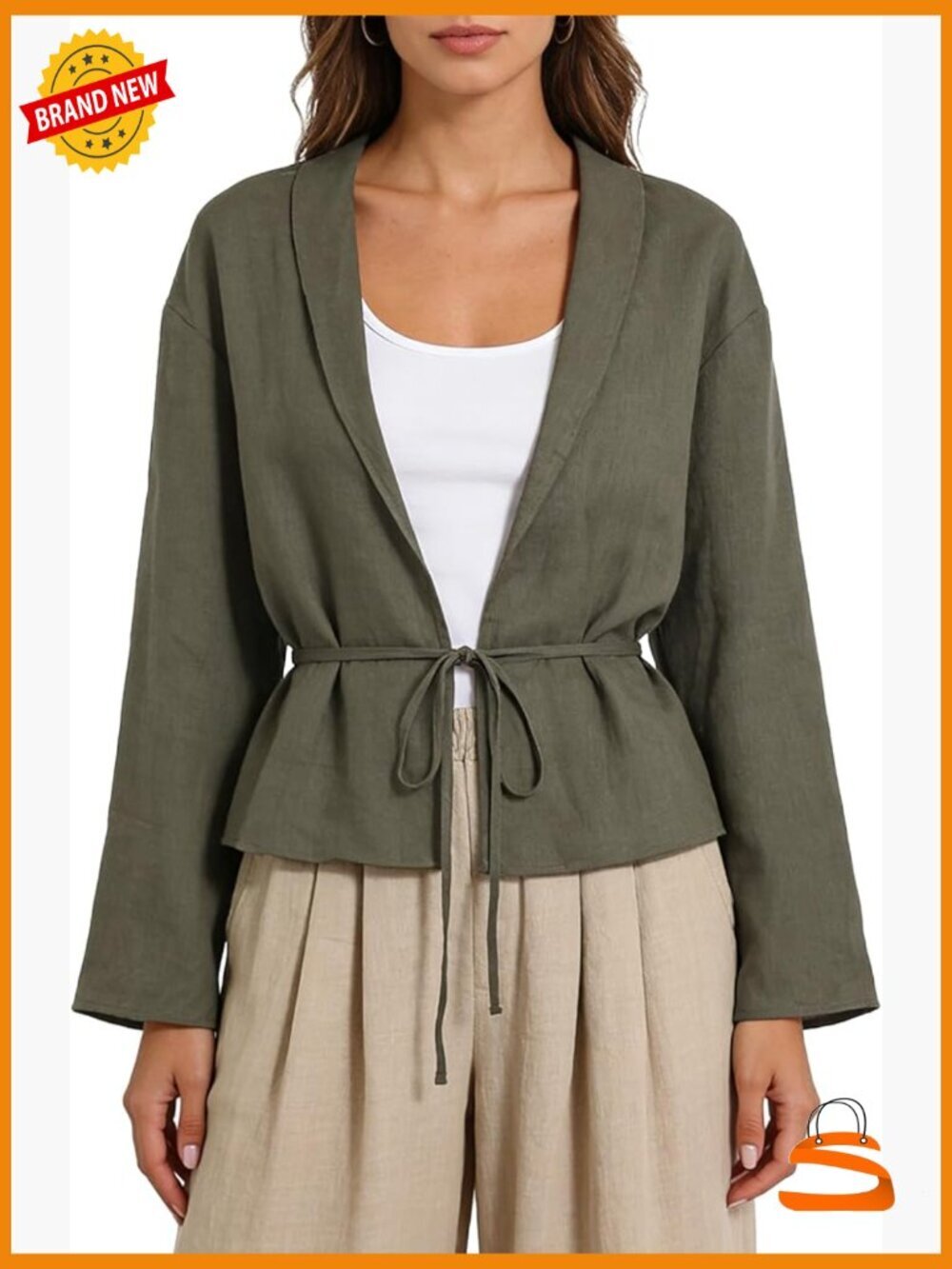 100% Linen Cardigan Open Front Long Sleeve with Tie